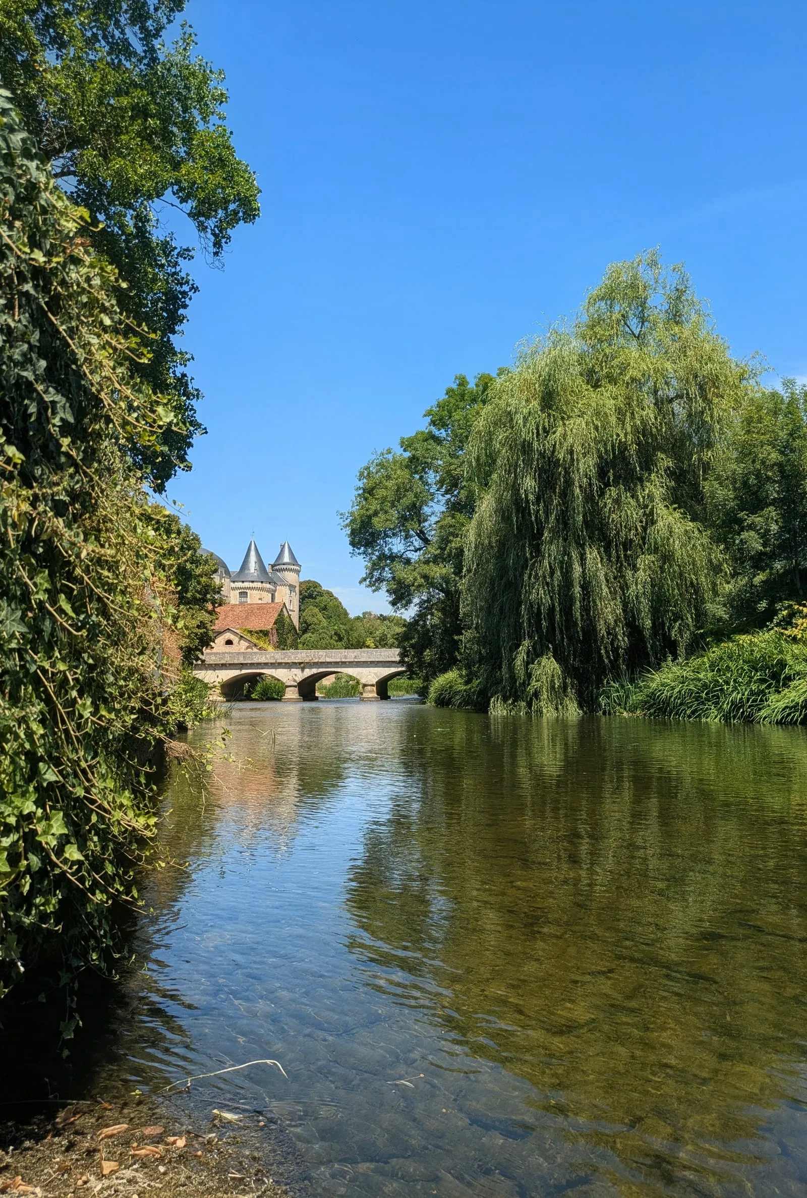 The Charente river at Verteuil, slow and green between big willows, with the stone bridge and the castle towers rising behind the trees